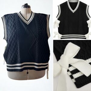 Cider Cable Knit Tie Side Sweater Vest Black White Varsity Preppy 2XL